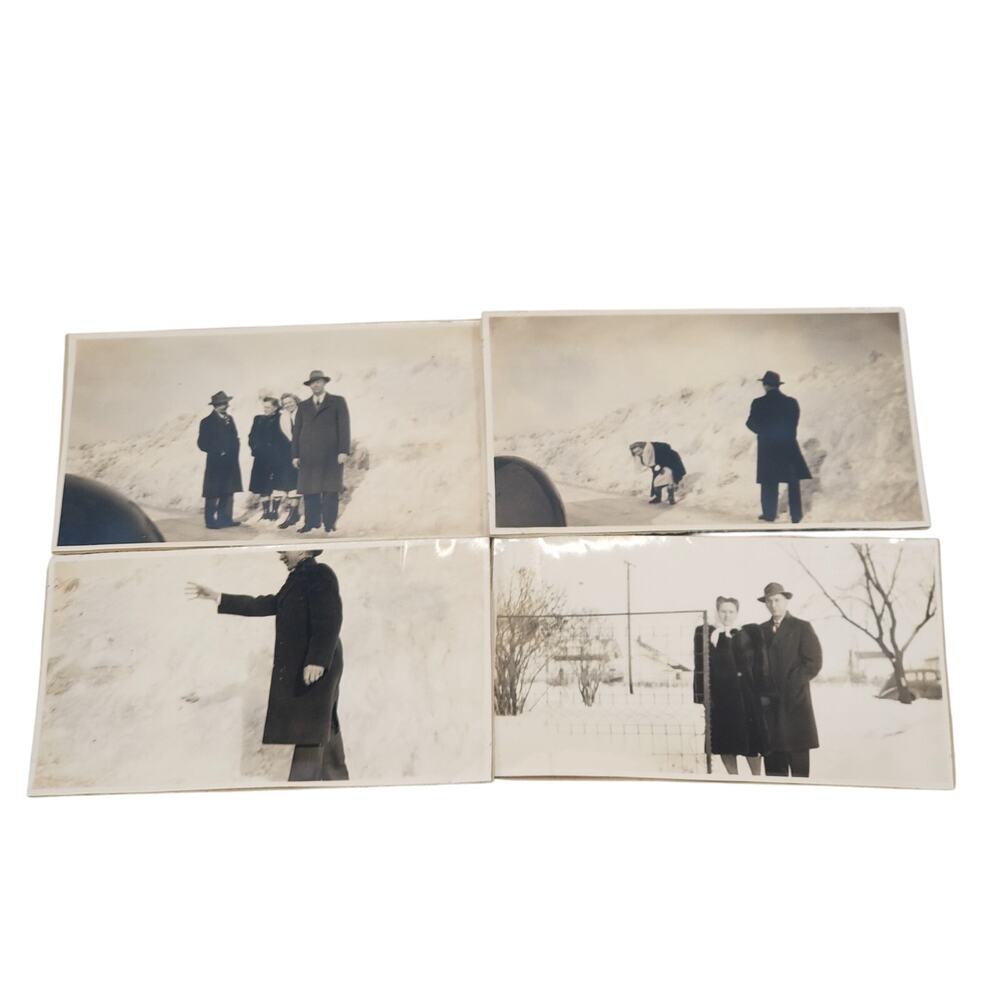 Vtg Junk Drawer Lot of 4 Monochrome Photos of Friends Playing in The Snow
